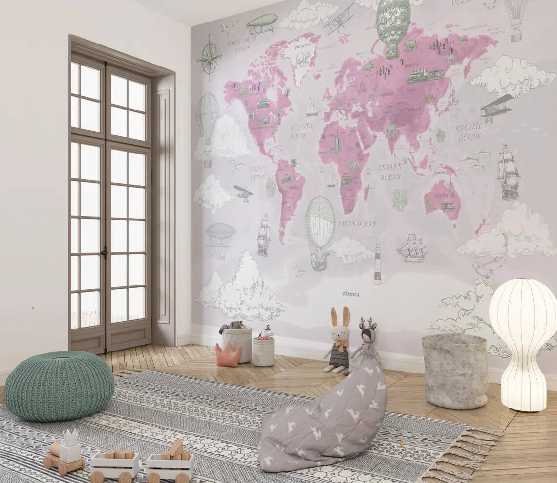 Kids Map Wallpaper Political World Map Wall Mural Hot Air Balloon Animals Wall Cover Kids Room Nursery Self Adhesive Mural