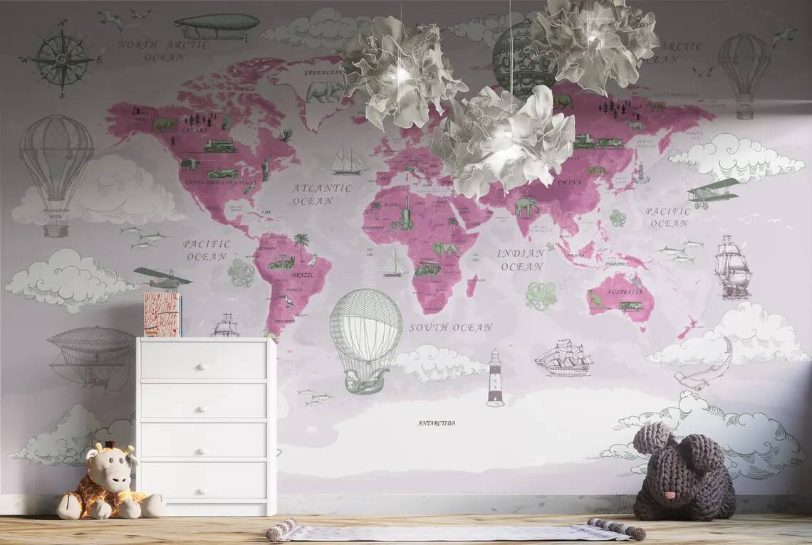 Kids Map Wallpaper Political World Map Wall Mural Hot Air Balloon Animals Wall Cover Kids Room Nursery Self Adhesive Mural