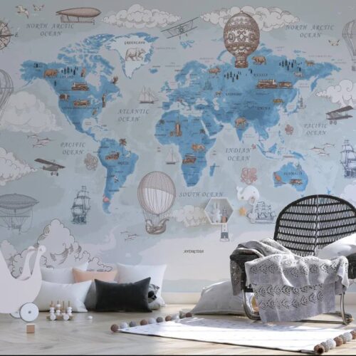 Kids Map Wallpaper Political World Map Wall Mural Hot Air Balloon Animals Wall Cover Kids Room Nursery Self Adhesive Mural