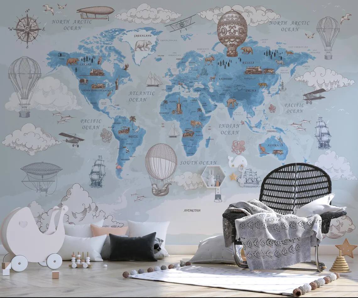 Kids Map Wallpaper Political World Map Wall Mural Hot Air Balloon Animals Wall Cover Kids Room Nursery Self Adhesive Mural
