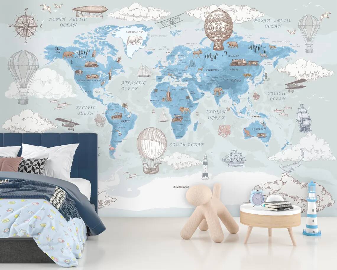 Kids Map Wallpaper Political World Map Wall Mural Hot Air Balloon Animals Wall Cover Kids Room Nursery Self Adhesive Mural