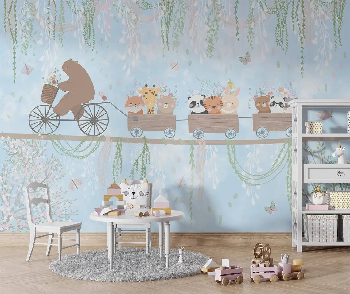 Kids Room Peel Stick Wallpaper Teddy Bear Cycling On Rope And Cute Animals In Wagon Soft Colors Vines Flowers Butterflies And Bird