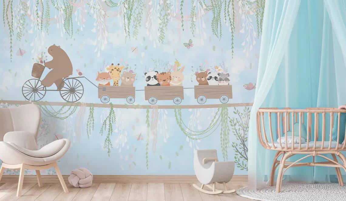 Kids Room Peel Stick Wallpaper Teddy Bear Cycling On Rope And Cute Animals In Wagon Soft Colors Vines Flowers Butterflies And Bird