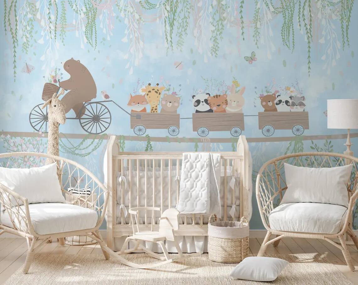 Kids Room Peel Stick Wallpaper Teddy Bear Cycling On Rope And Cute Animals In Wagon Soft Colors Vines Flowers Butterflies And Bird