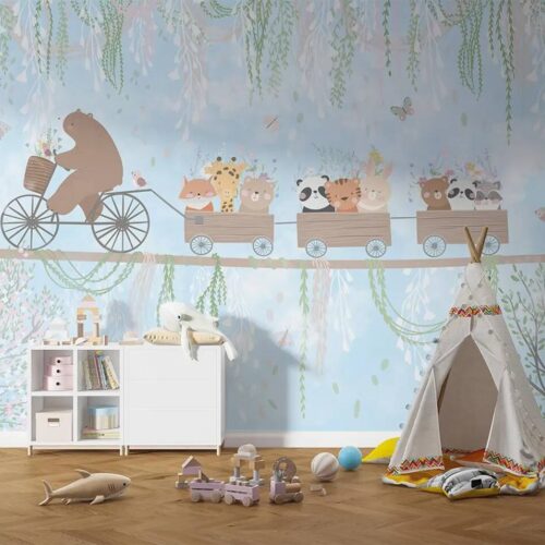 Kids Room Peel Stick Wallpaper Teddy Bear Cycling On Rope And Cute Animals In Wagon Soft Colors Vines Flowers Butterflies And Bird