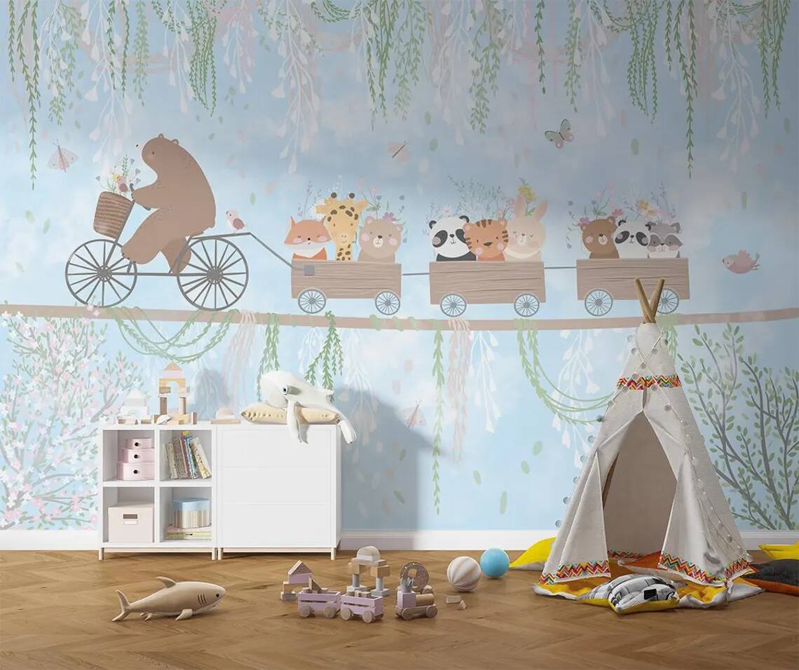 Kids Room Peel Stick Wallpaper Teddy Bear Cycling On Rope And Cute Animals In Wagon Soft Colors Vines Flowers Butterflies And Bird