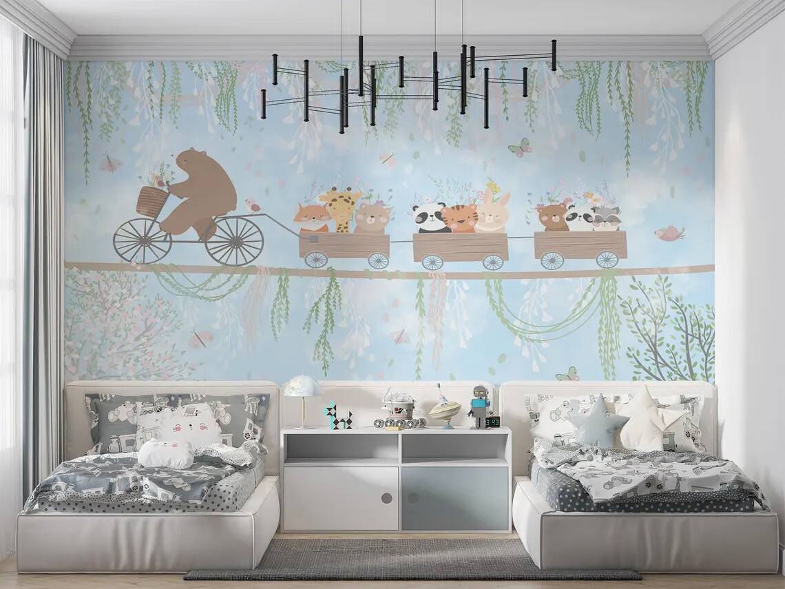 Kids Room Peel Stick Wallpaper Teddy Bear Cycling On Rope And Cute Animals In Wagon Soft Colors Vines Flowers Butterflies And Bird