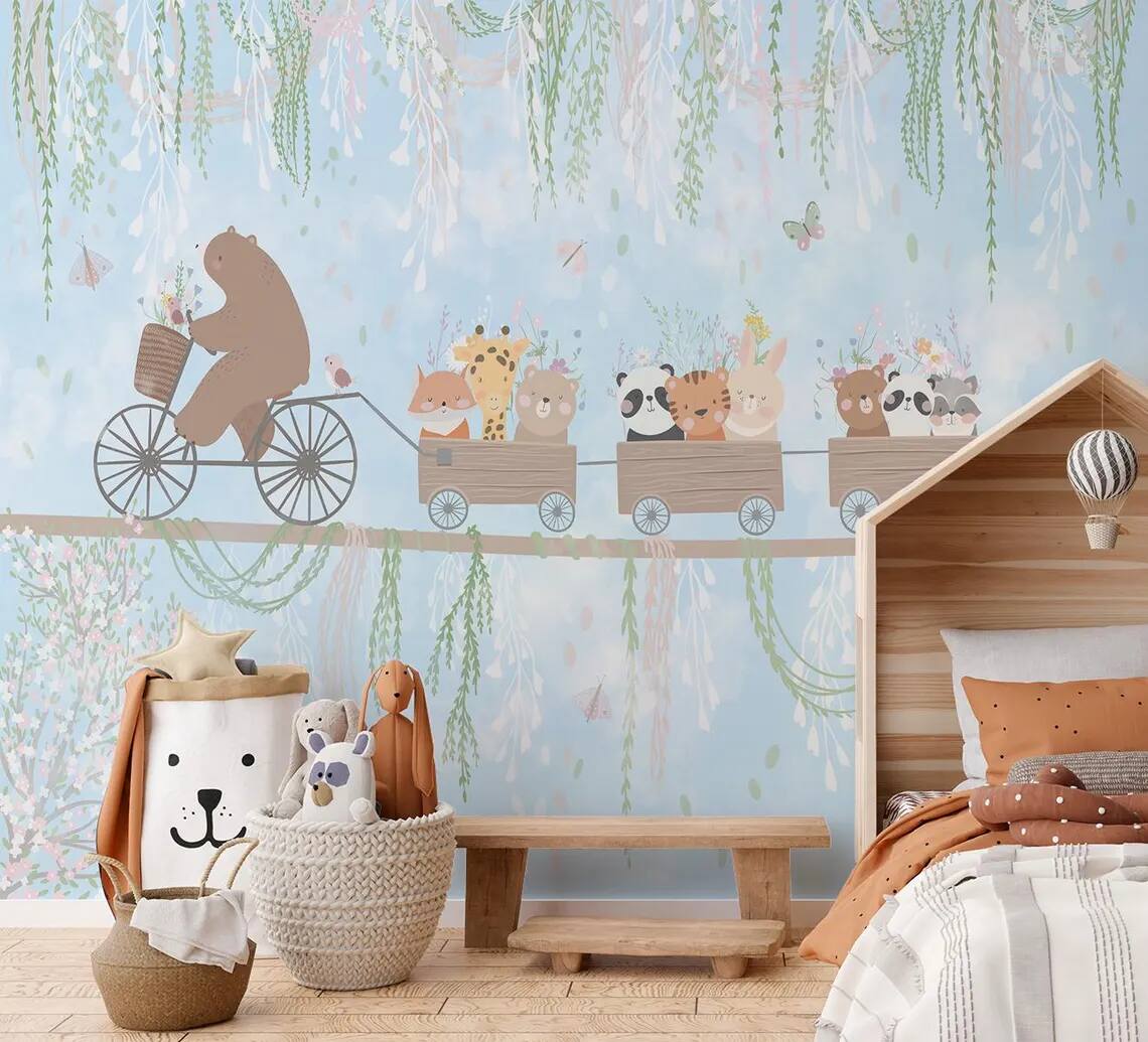 Kids Room Peel Stick Wallpaper Teddy Bear Cycling On Rope And Cute Animals In Wagon Soft Colors Vines Flowers Butterflies And Bird