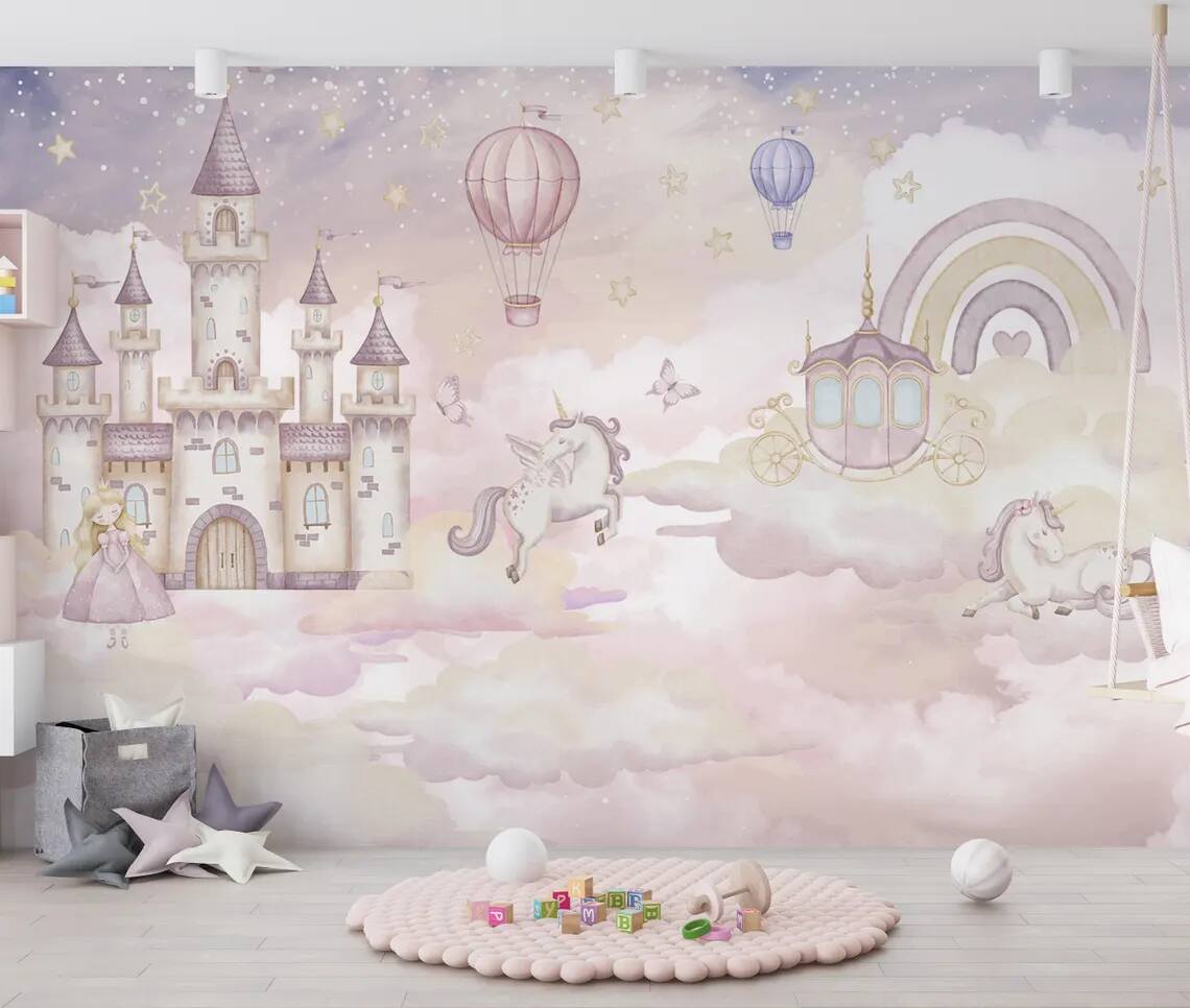 Kids Wallpaper Peel And Stick Wall Mural Nursery Or Bedroom Decor Pastel Cloud Castle