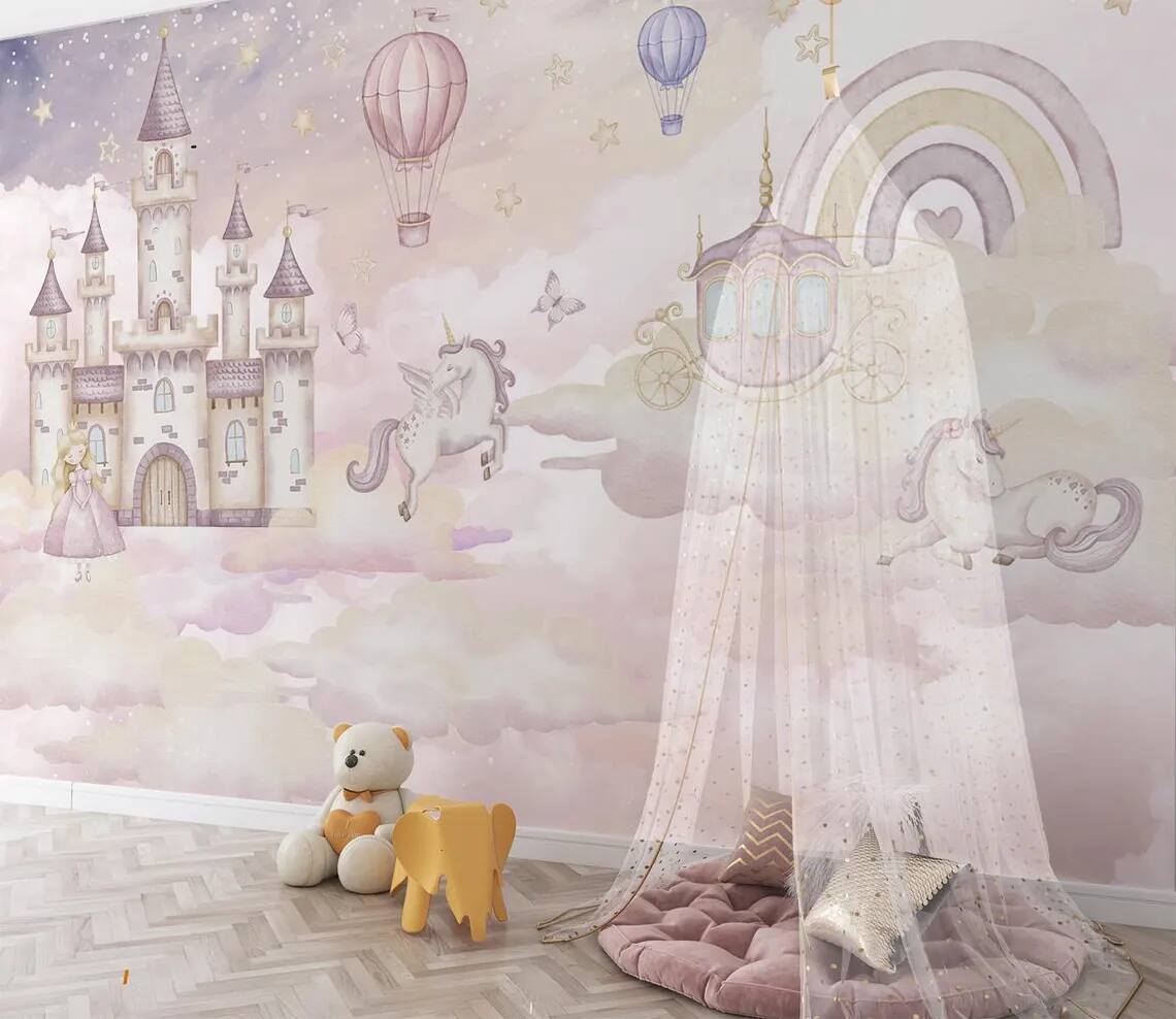 Kids Wallpaper Peel And Stick Wall Mural Nursery Or Bedroom Decor Pastel Cloud Castle