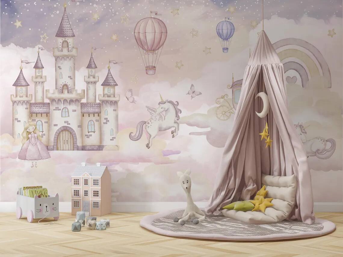 Kids Wallpaper Peel And Stick Wall Mural Nursery Or Bedroom Decor Pastel Cloud Castle