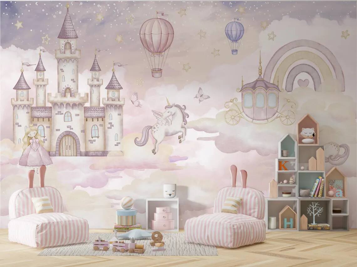 Kids Wallpaper Peel And Stick Wall Mural Nursery Or Bedroom Decor Pastel Cloud Castle
