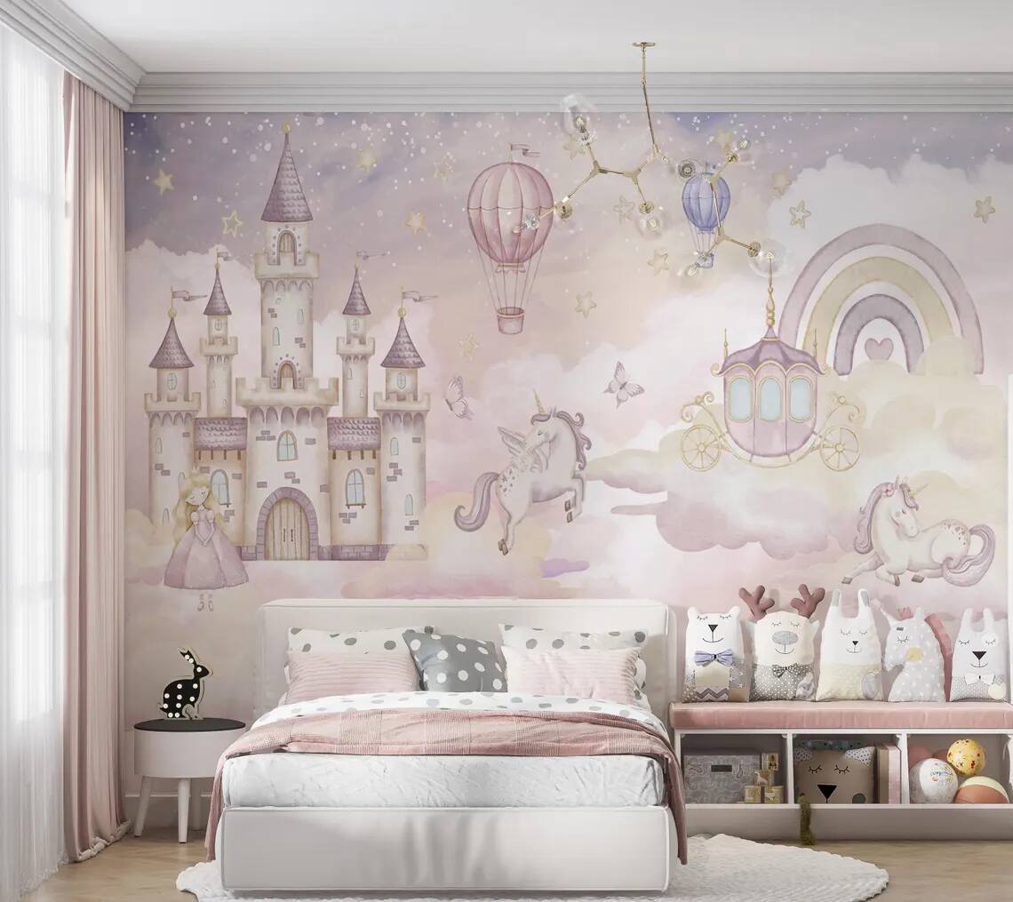 Kids Wallpaper Peel And Stick Wall Mural Nursery Or Bedroom Decor Pastel Cloud Castle