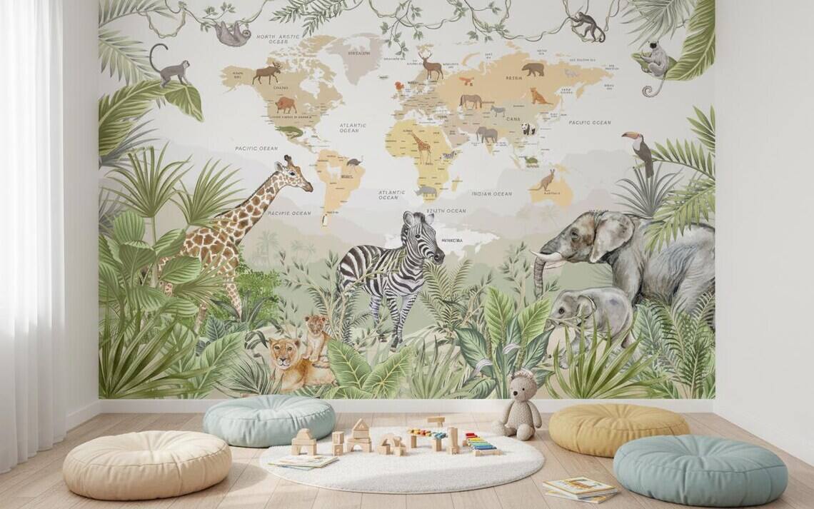 Kids World Map Wallpaper Safari Jungle Animals Peel And Stick Mural