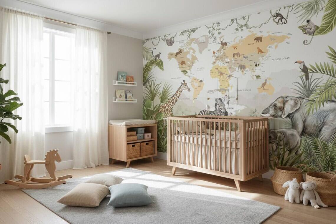 Kids World Map Wallpaper Safari Jungle Animals Peel And Stick Mural