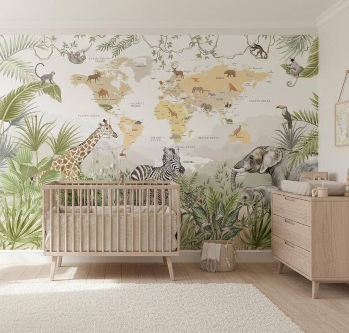Kids World Map Wallpaper Safari Jungle Animals Peel And Stick Mural