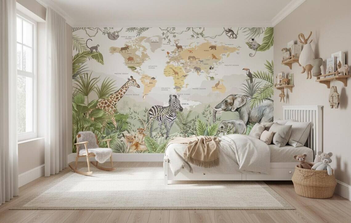 Kids World Map Wallpaper Safari Jungle Animals Peel And Stick Mural