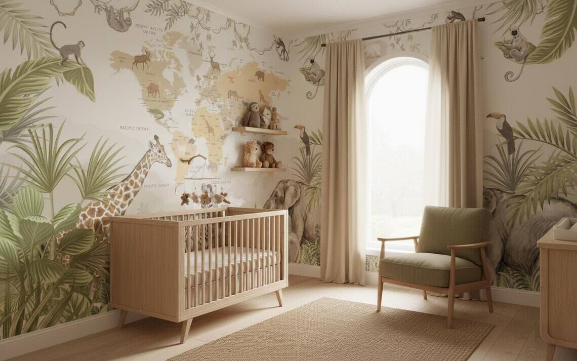 Kids World Map Wallpaper Safari Jungle Animals Peel And Stick Mural