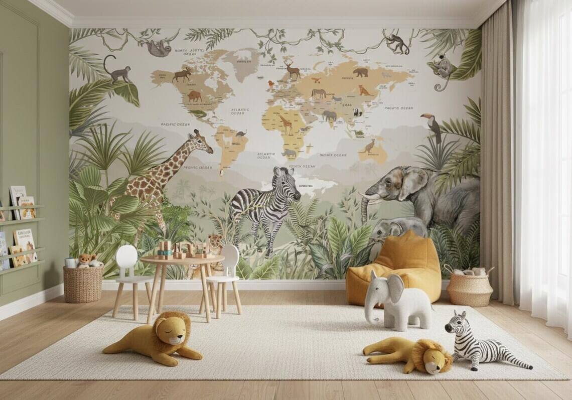 Kids World Map Wallpaper Safari Jungle Animals Peel And Stick Mural