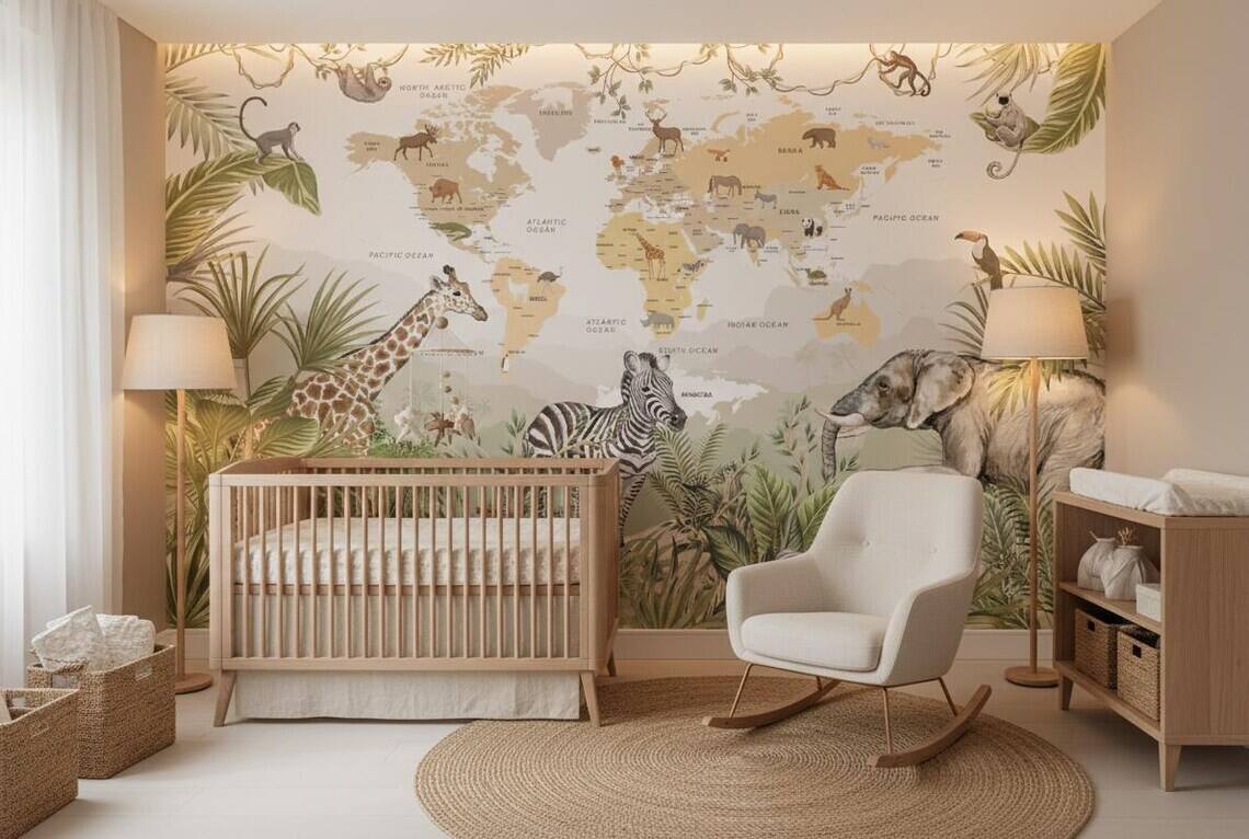 Kids World Map Wallpaper Safari Jungle Animals Peel And Stick Mural