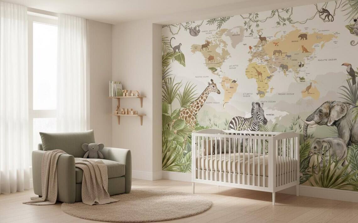 Kids World Map Wallpaper Safari Jungle Animals Peel And Stick Mural