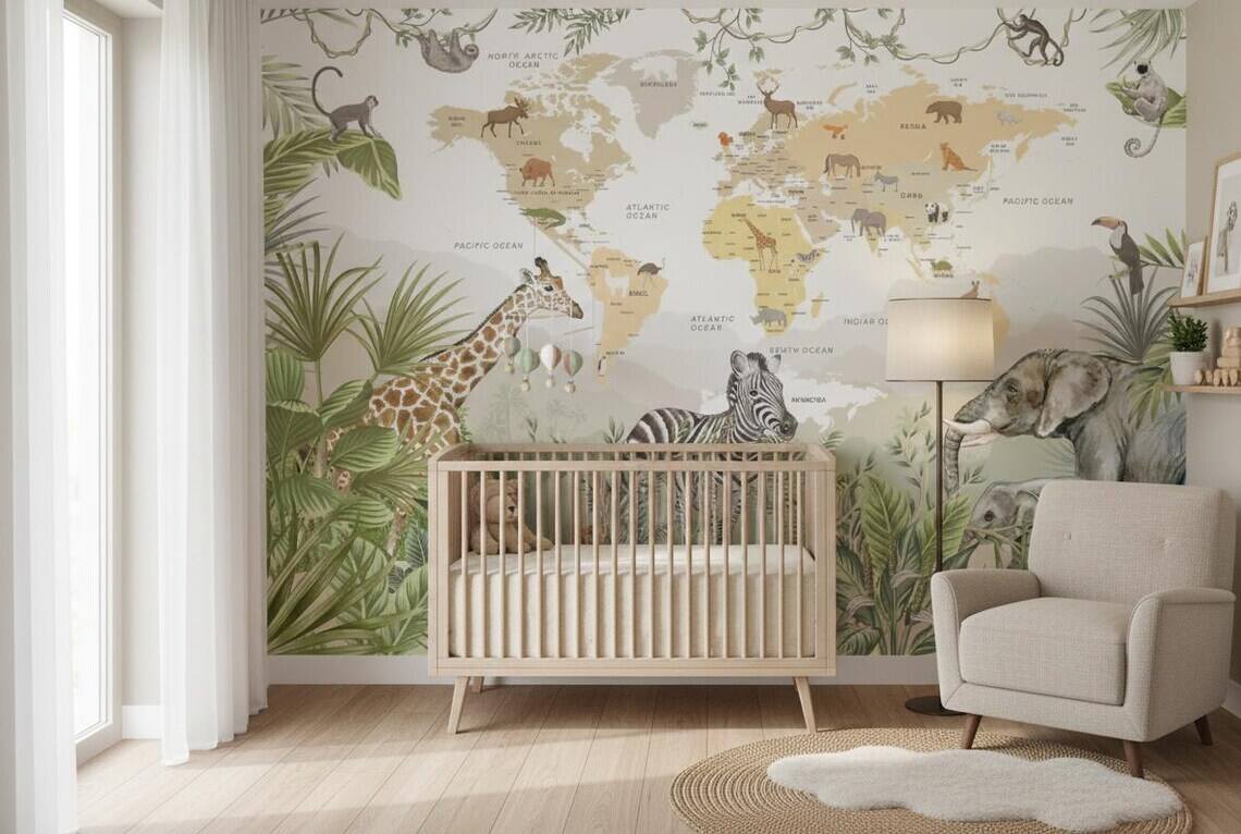 Kids World Map Wallpaper Safari Jungle Animals Peel And Stick Mural