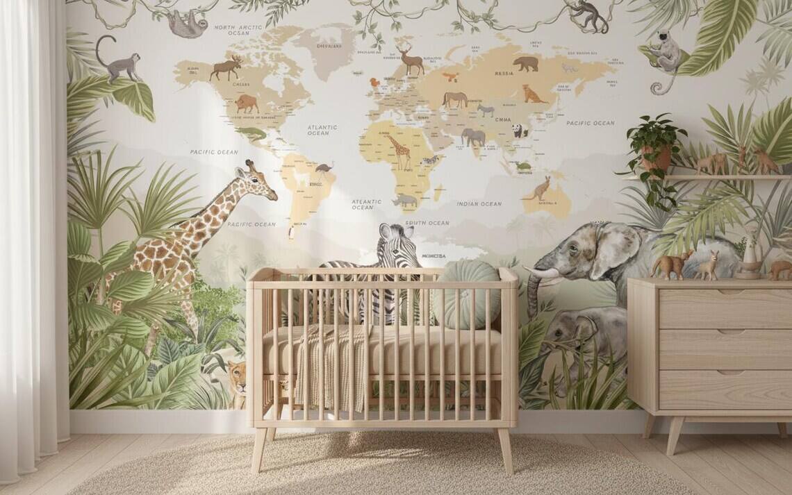 Kids World Map Wallpaper Safari Jungle Animals Peel And Stick Mural