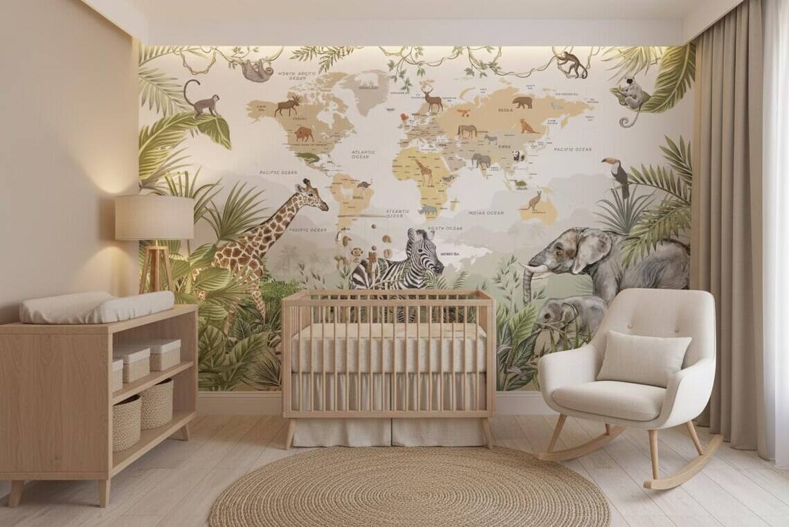 Kids World Map Wallpaper Safari Jungle Animals Peel And Stick Mural