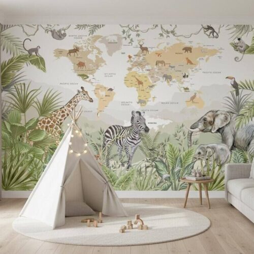 Kids World Map Wallpaper Safari Jungle Animals Peel And Stick Mural