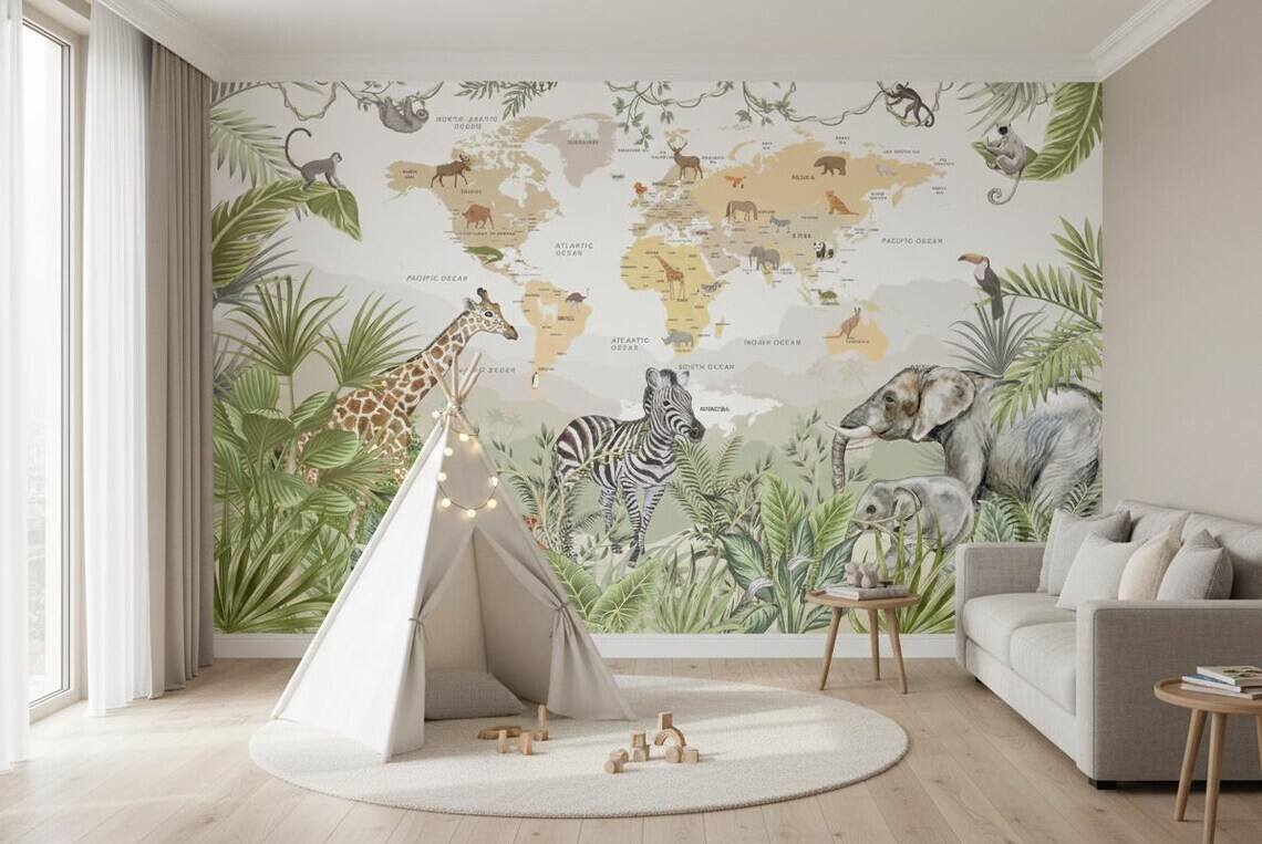 Kids World Map Wallpaper Safari Jungle Animals Peel And Stick Mural