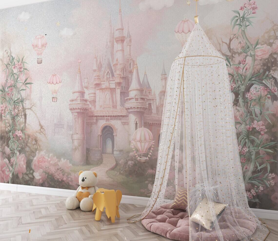 Magic Pink Castle Wallpaper Peel And Stick Girls Nursery Wall Decor Kids Wall Mural Princess Castle