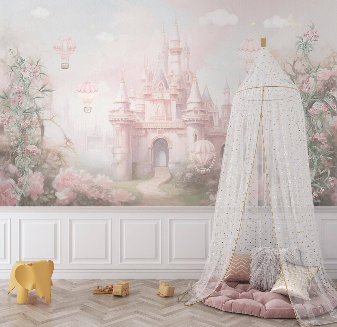 Magic Pink Castle Wallpaper Peel And Stick Girls Nursery Wall Decor Kids Wall Mural Princess Castle