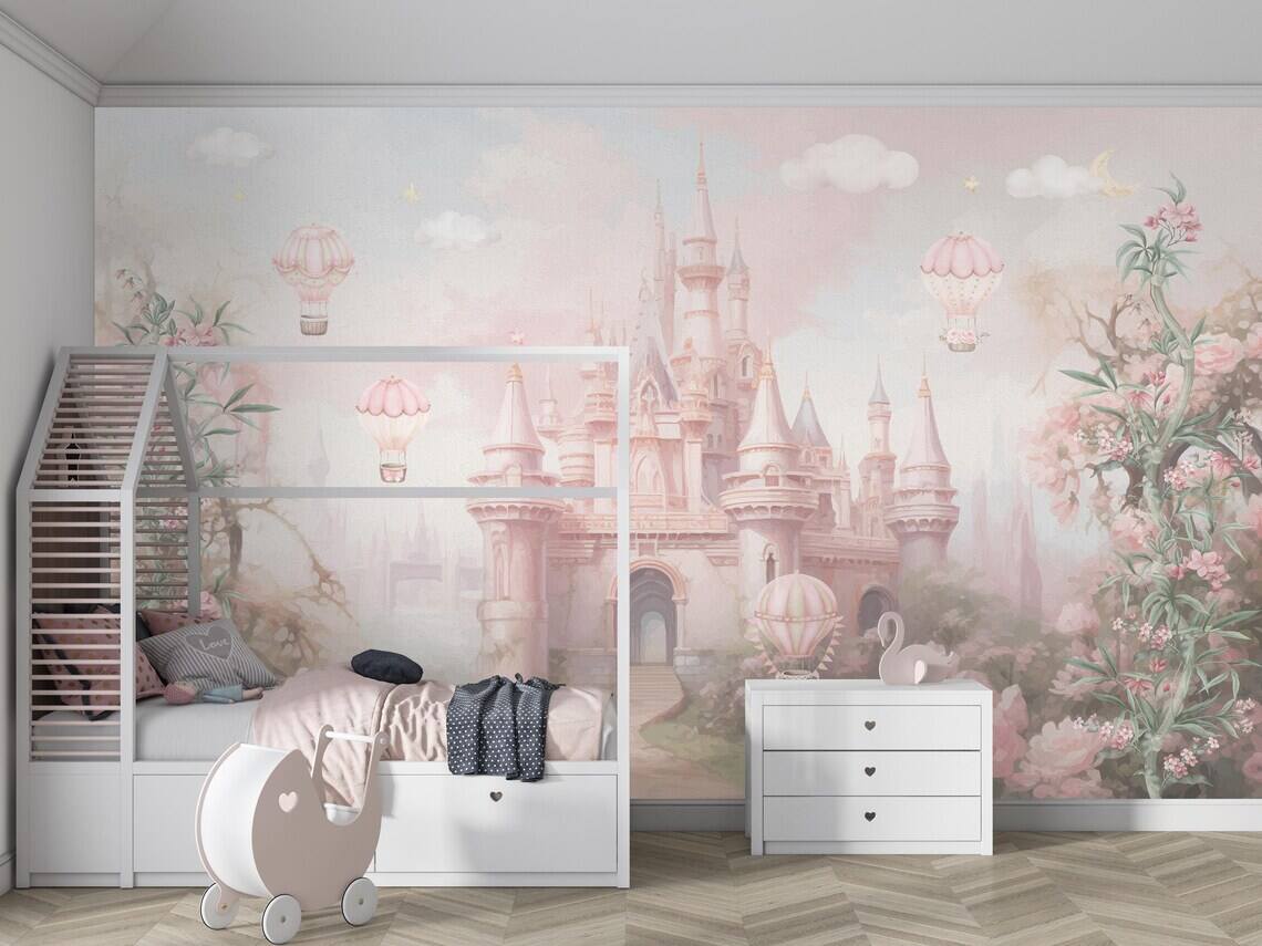 Magic Pink Castle Wallpaper Peel And Stick Girls Nursery Wall Decor Kids Wall Mural Princess Castle