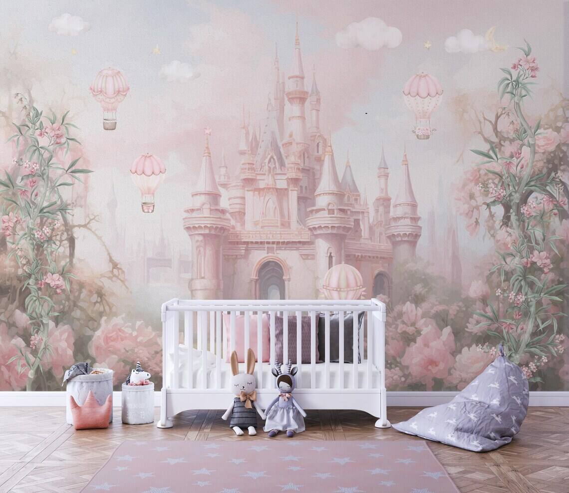Magic Pink Castle Wallpaper Peel And Stick Girls Nursery Wall Decor Kids Wall Mural Princess Castle