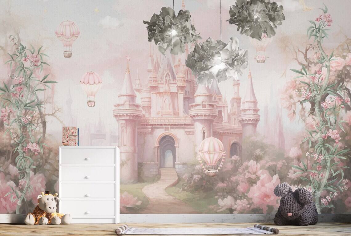 Magic Pink Castle Wallpaper Peel And Stick Girls Nursery Wall Decor Kids Wall Mural Princess Castle