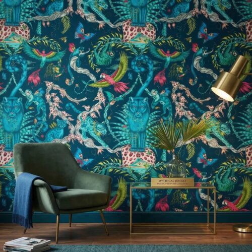 Maximalist Jungle Wallpaper Exotic Leopard Monkey Parrot Tropical Wall Mural Dark Botanical Statement Decor