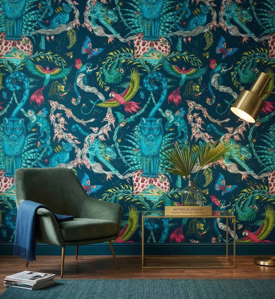 Maximalist Jungle Wallpaper Exotic Leopard Monkey Parrot Tropical Wall Mural Dark Botanical Statement Decor