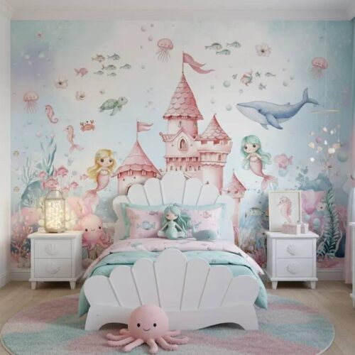 Mermaid Nursery Wallpaper Underwater Wall Mural For Girls Room Peel And Stick Floral Wall Art Under The Sea Whale And Fish Decor