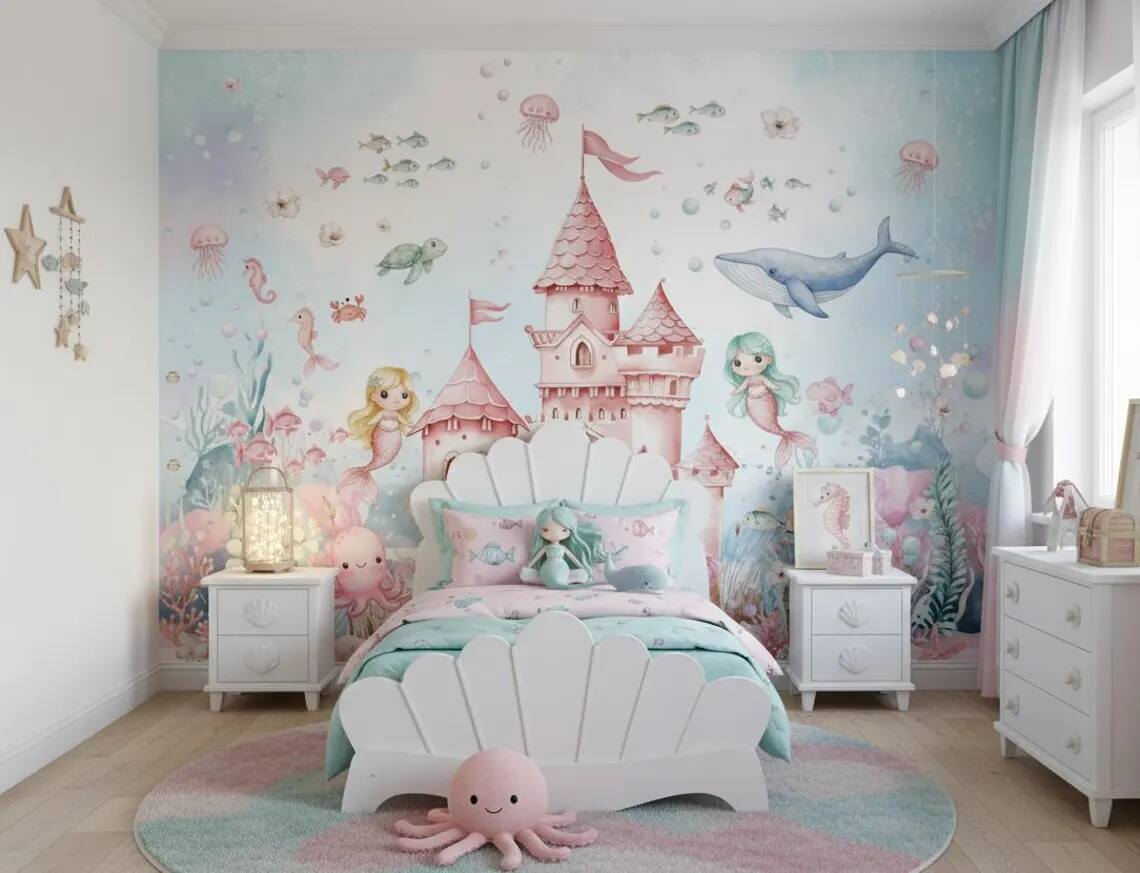 Mermaid Nursery Wallpaper Underwater Wall Mural For Girls Room Peel And Stick Floral Wall Art Under The Sea Whale And Fish Decor