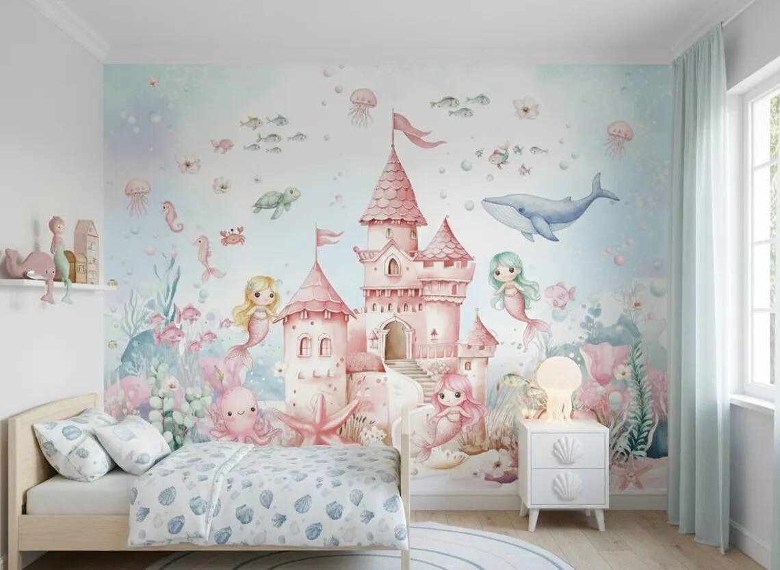 Mermaid Nursery Wallpaper Underwater Wall Mural For Girls Room Peel And Stick Floral Wall Art Under The Sea Whale And Fish Decor