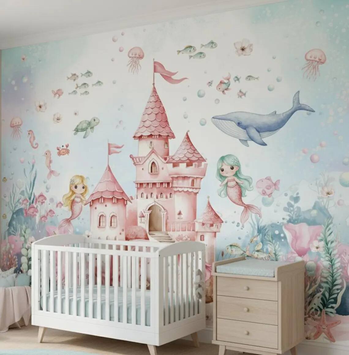 Mermaid Nursery Wallpaper Underwater Wall Mural For Girls Room Peel And Stick Floral Wall Art Under The Sea Whale And Fish Decor