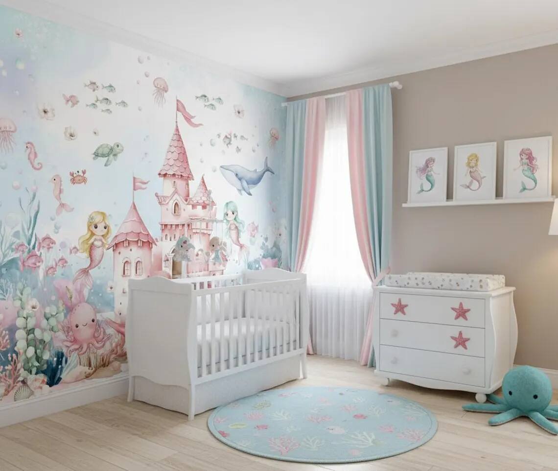 Mermaid Nursery Wallpaper Underwater Wall Mural For Girls Room Peel And Stick Floral Wall Art Under The Sea Whale And Fish Decor