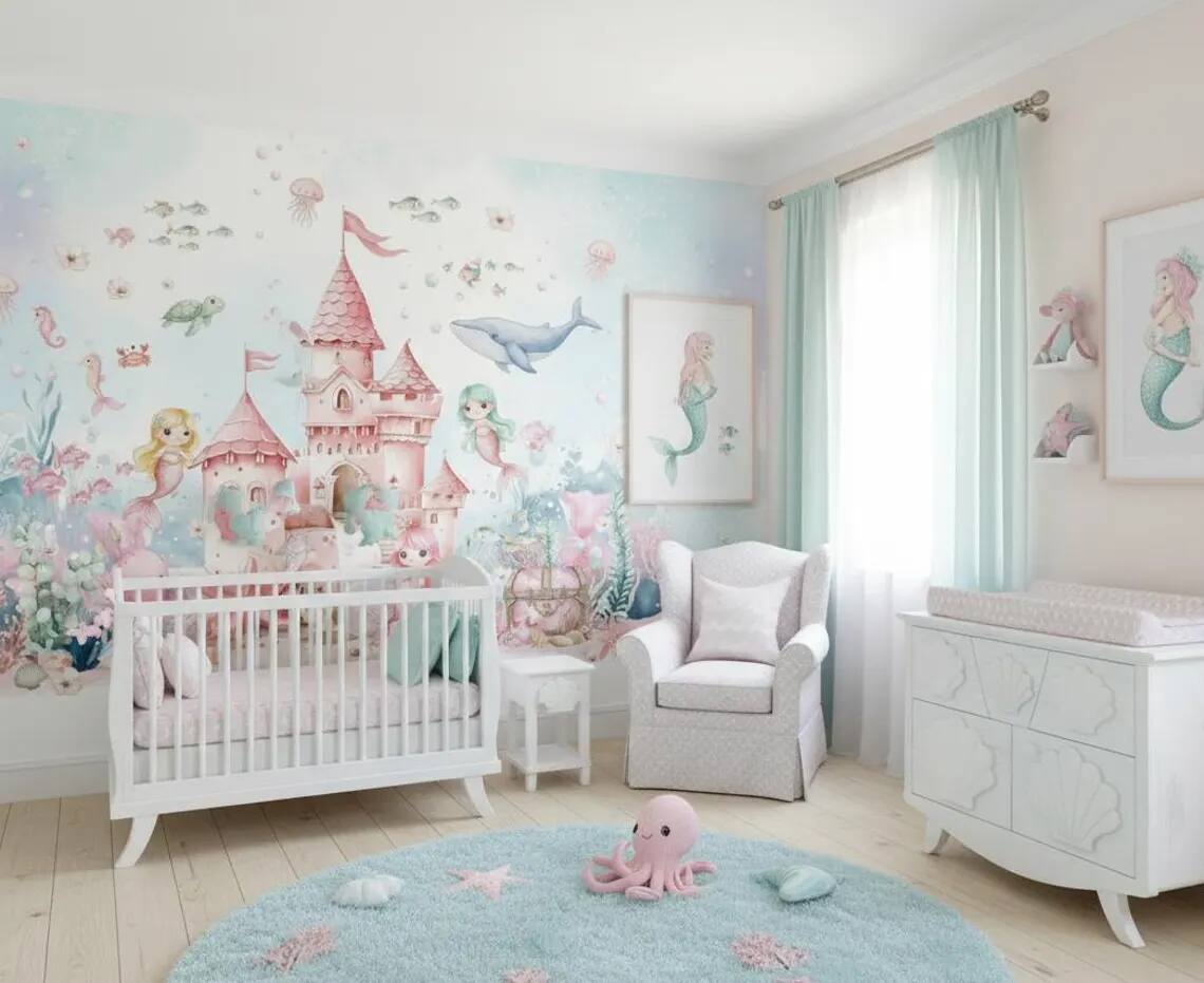 Mermaid Nursery Wallpaper Underwater Wall Mural For Girls Room Peel And Stick Floral Wall Art Under The Sea Whale And Fish Decor