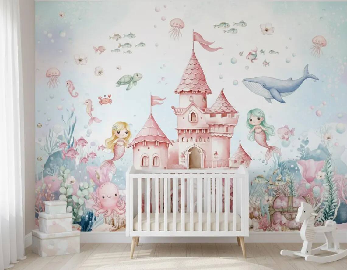 Mermaid Nursery Wallpaper Underwater Wall Mural For Girls Room Peel And Stick Floral Wall Art Under The Sea Whale And Fish Decor