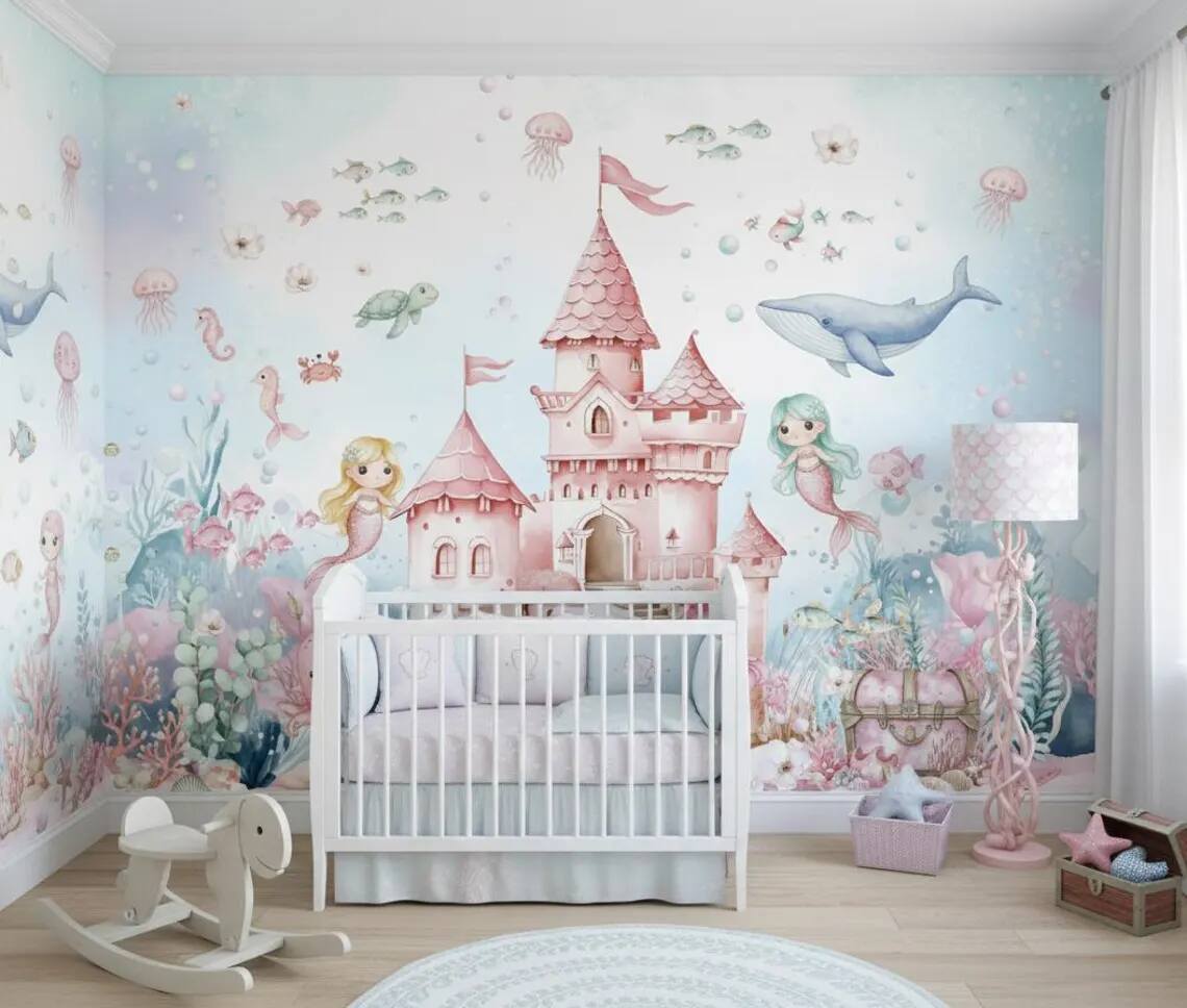 Mermaid Nursery Wallpaper Underwater Wall Mural For Girls Room Peel And Stick Floral Wall Art Under The Sea Whale And Fish Decor