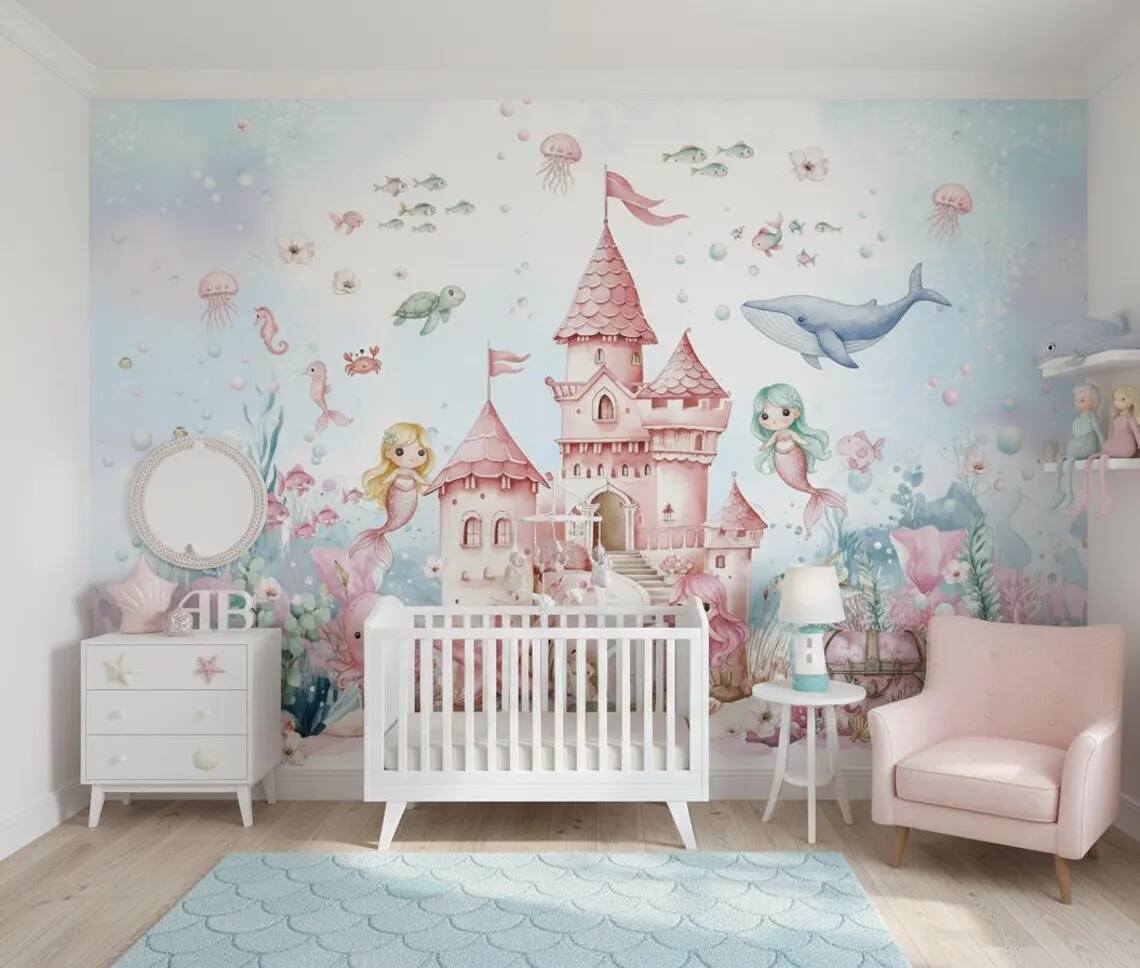 Mermaid Nursery Wallpaper Underwater Wall Mural For Girls Room Peel And Stick Floral Wall Art Under The Sea Whale And Fish Decor