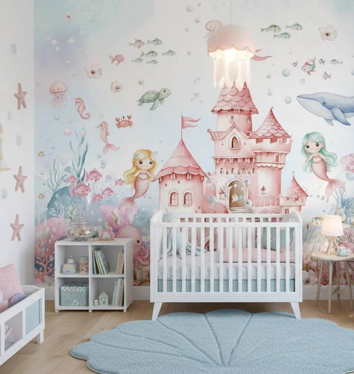 Mermaid Nursery Wallpaper Underwater Wall Mural For Girls Room Peel And Stick Floral Wall Art Under The Sea Whale And Fish Decor