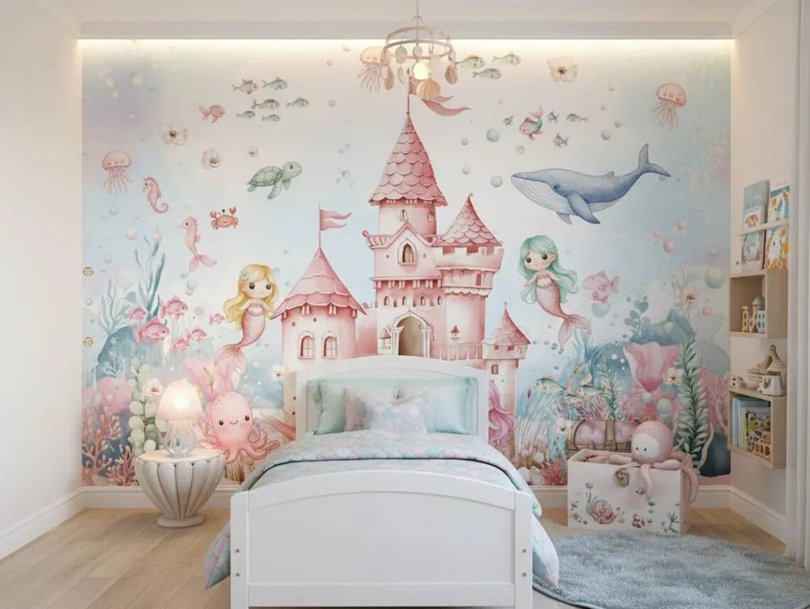 Mermaid Nursery Wallpaper Underwater Wall Mural For Girls Room Peel And Stick Floral Wall Art Under The Sea Whale And Fish Decor