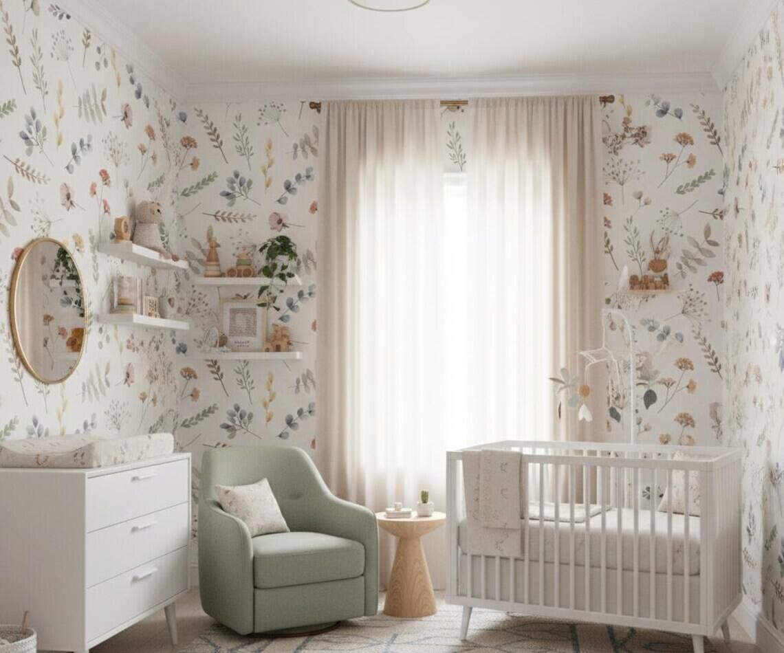 Minimal Watercolor Floral Wallpaper For Kids Room Soft Flower And Leaf Pattern Nursery Wall Art Peel And Stick Floral Wallpaper