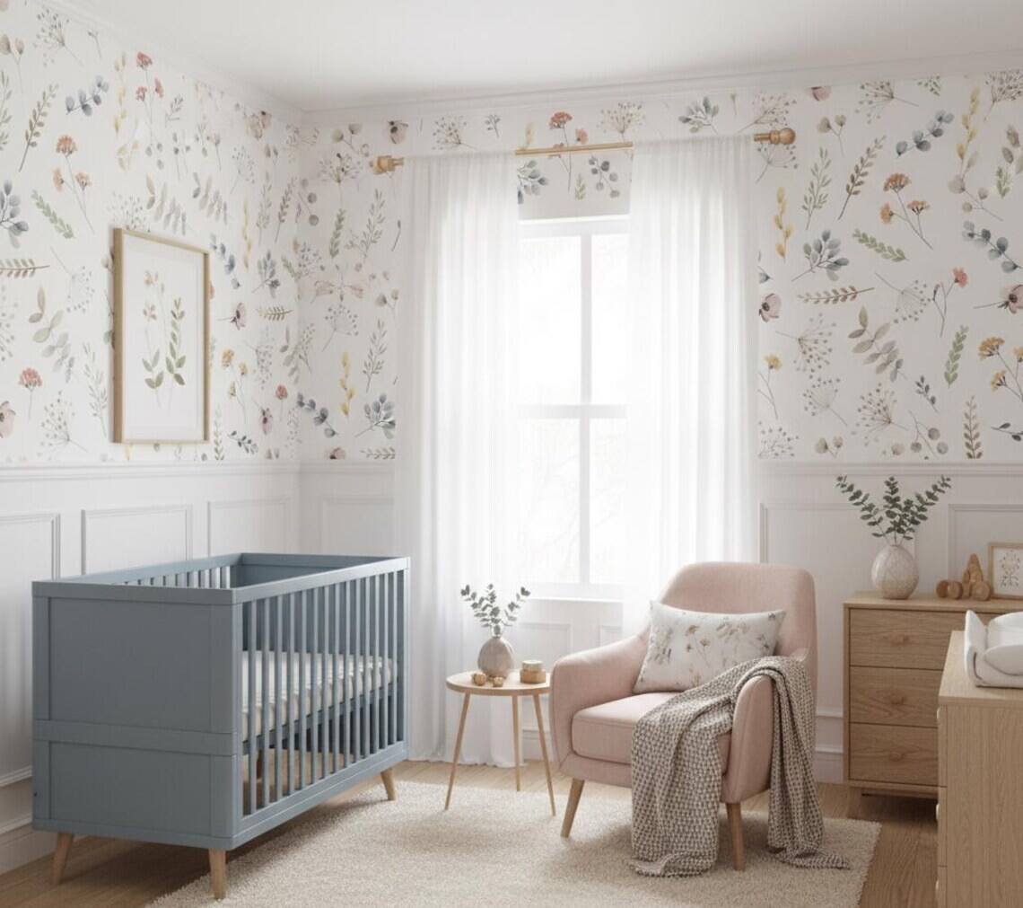Minimal Watercolor Floral Wallpaper For Kids Room Soft Flower And Leaf Pattern Nursery Wall Art Peel And Stick Floral Wallpaper